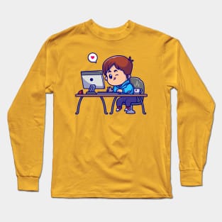 Cute Boy Working On Computer Cartoon Long Sleeve T-Shirt